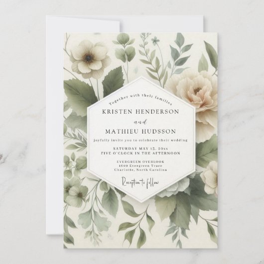 Sage Muted Flora Bruiloft Kaart (Voorkant)
