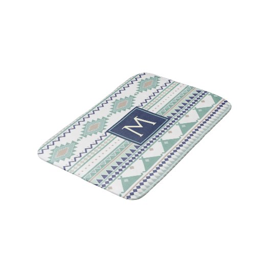 Sage & Navy Blue Monogram Native American Pattern Badmat (Gekanteld)