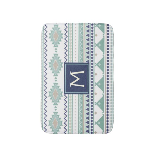 Sage & Navy Blue Monogram Native American Pattern Badmat (Voorkant Verticaal)