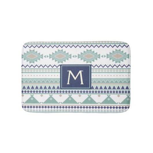 Sage & Navy Blue Monogram Native American Pattern Badmat (Voorkant)