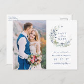 Sage Navy Botanical Wreath Weddenschap redt de dat Aankondigingskaart (Voorkant / Achterkant)