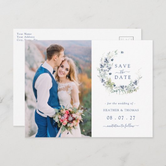 Sage Navy Botanical Wreath Weddenschap redt de dat Aankondigingskaart (Voorkant / Achterkant)