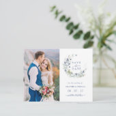 Sage Navy Botanical Wreath Weddenschap redt de dat Aankondigingskaart (Staand voorkant)