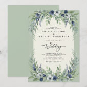 Sage Navy Watercolor Bosbruiloft Kaart (Voorkant / Achterkant)
