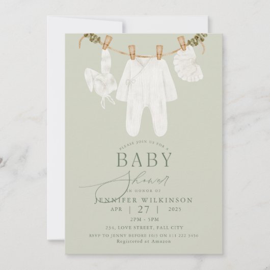 Sage Neutral Boho Clothes Line Baby shower Kaart (Voorkant)