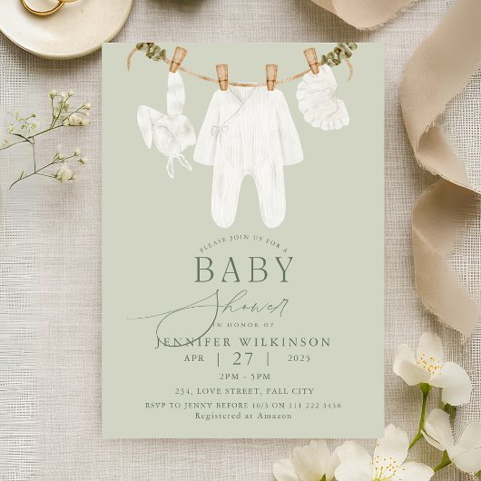 Sage Neutral Boho Clothes Line Baby shower Kaart
