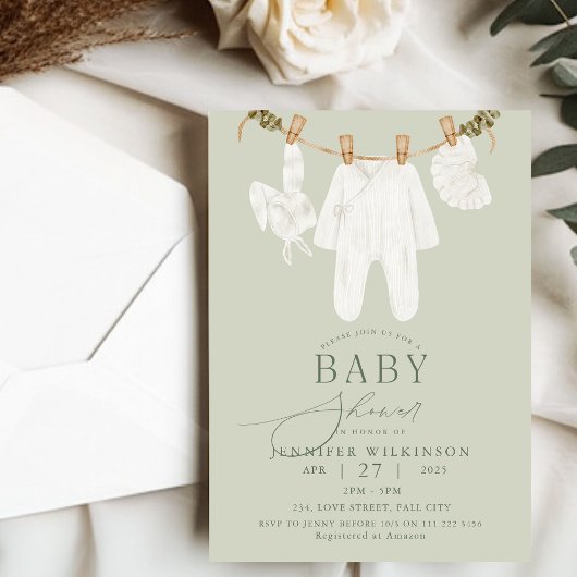 Sage Neutral Boho Clothes Line Baby shower Kaart