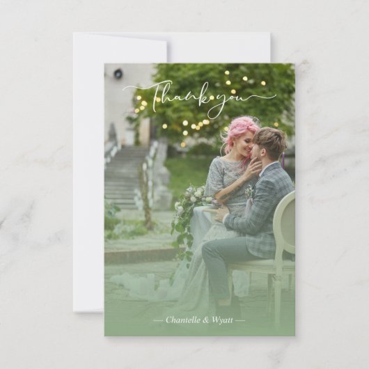 Sage Newlyweds Photo Simple Calligraphy Script Bedankkaart (Voorkant)