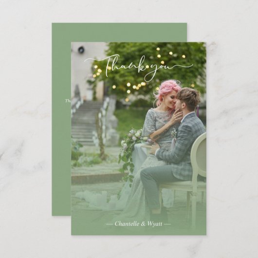 Sage Newlyweds Photo Simple Calligraphy Script Bedankkaart (Voorkant / Achterkant)