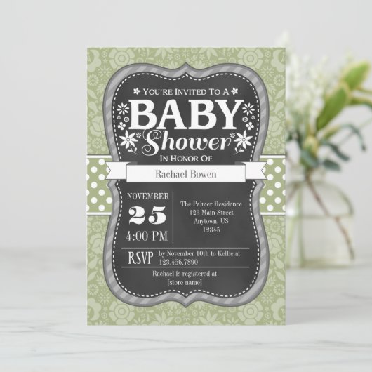 Sage Olijf Groen Krijtbord Bloemen Baby shower Kaart (Staand voorkant)