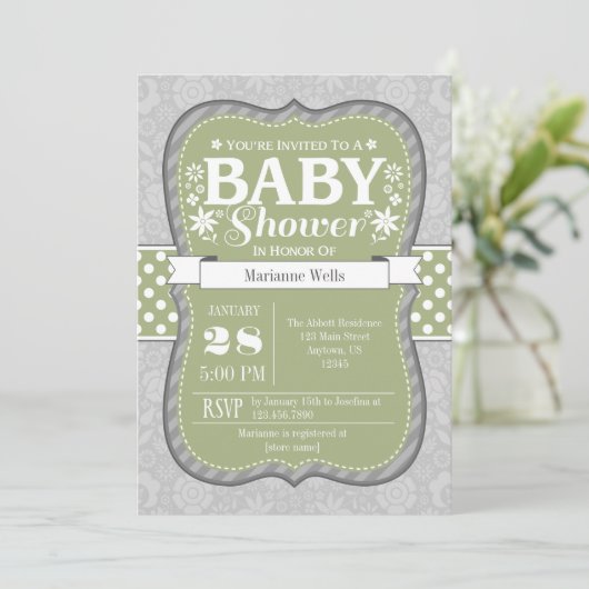 Sage Olijfgroen Grijs Bloemen Baby shower Uitnodig Kaart (Staand voorkant)