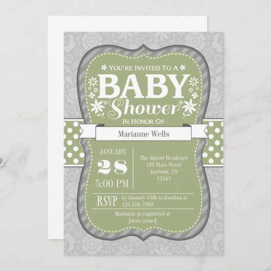 Sage Olijfgroen Grijs Bloemen Baby shower Uitnodig Kaart (Voorkant / Achterkant)