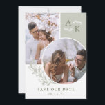 Sage & Olijfgroen Loof Overlappende Foto's Save The Date<br><div class="desc">Dubbelzijdige save the date kaart in wit,  saliegroen en olijfgroen met uw initialen,  overlappende foto's en groen met schone elegante lettertypen. Foto save the date kaart met een modern ontwerp gepersonaliseerd met uw monogram en foto's,  twee aan de ene kant en één aan de andere kant.</div>