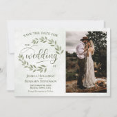 Sage & Olijfgroene Bladeren & Foto Rustieke Trouwd Save The Date (Voorkant)
