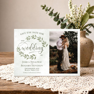 Sage & Olijfgroene Bladeren & Foto Rustieke Trouwd Save The Date