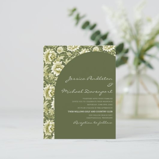 Sage Olijfgroene Botanische Boog Script Bruiloft Kaart (Staand voorkant)