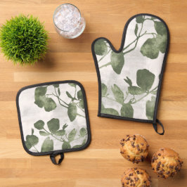 Sage Olijfgroene Schilderachtige Botanische Kunst Ovenwant & Pannenlap Set