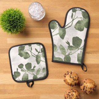 Sage Olijfgroene Schilderachtige Botanische Kunst Ovenwant & Pannenlap Set