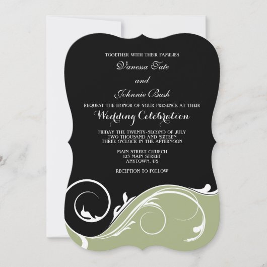 Sage Olive Black Swirl Bracket Wedding Invitae Kaart (Voorkant)