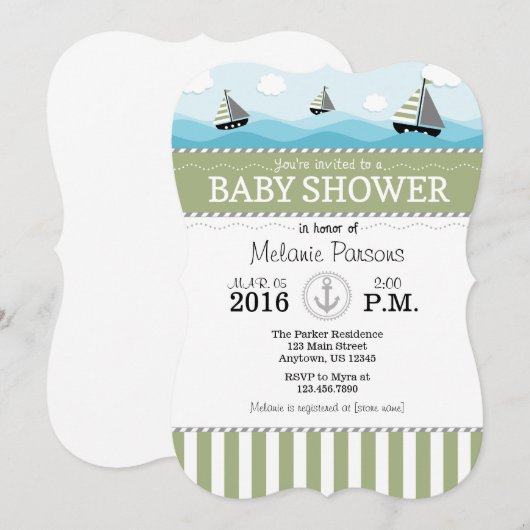 Sage Olive Blue Nautical Baby shower Invitation Kaart (Voorkant / Achterkant)