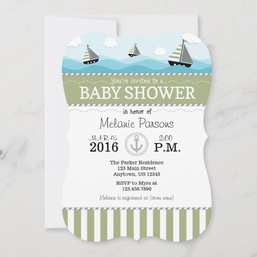 Sage Olive Blue Nautical Baby shower Invitation Kaart (Voorkant)