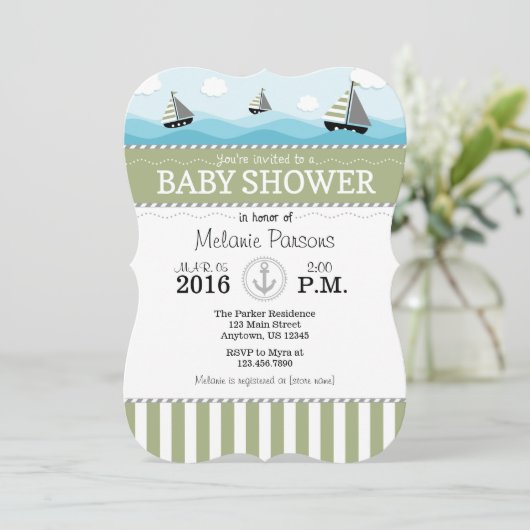 Sage Olive Blue Nautical Baby shower Invitation Kaart (Staand voorkant)