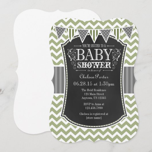 Sage Olive Chalkboard Chevron Baby shower Invite Kaart (Voorkant / Achterkant)