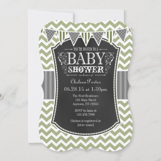 Sage Olive Chalkboard Chevron Baby shower Invite Kaart (Voorkant)