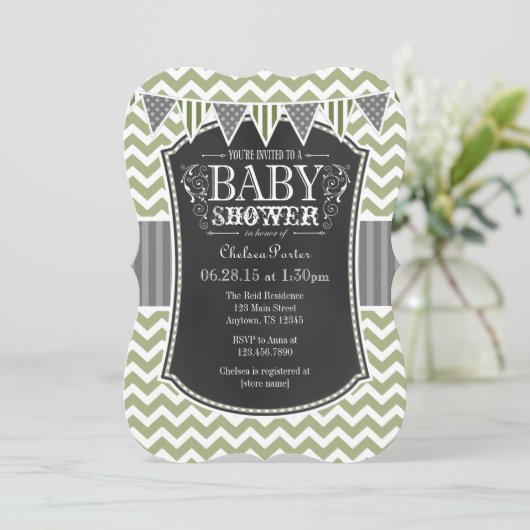 Sage Olive Chalkboard Chevron Baby shower Invite Kaart (Staand voorkant)