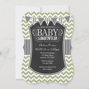 Sage Olive Chalkboard Chevron Baby shower Invite Kaart