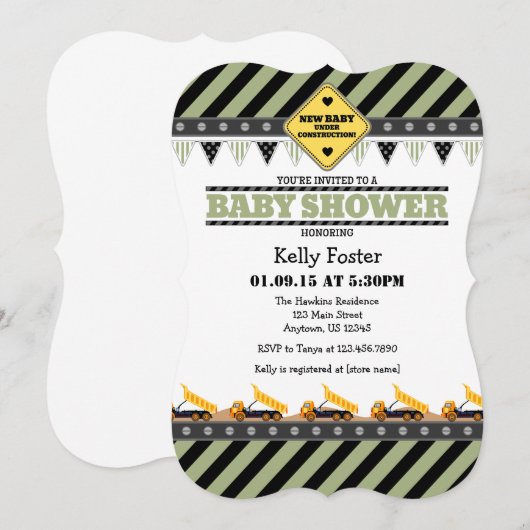 Sage Olive Construction Baby shower Invitation Kaart (Voorkant / Achterkant)