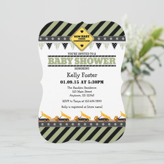 Sage Olive Construction Baby shower Invitation Kaart (Staand voorkant)