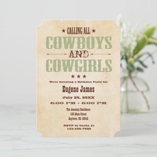 Sage Olive  Cowboy Verjaardagsuitnodiging Kaart (Staand voorkant)