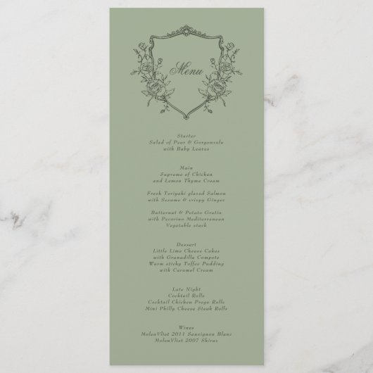 Sage Olive Crest Classic Elegant Wedding Menu (Voorkant)