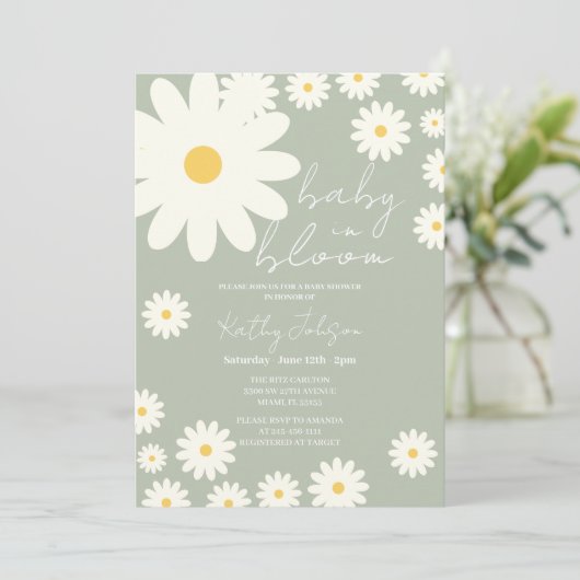 Sage Olive Daisy Bloemen Baby in Bloom Shower Kaart (Staand voorkant)