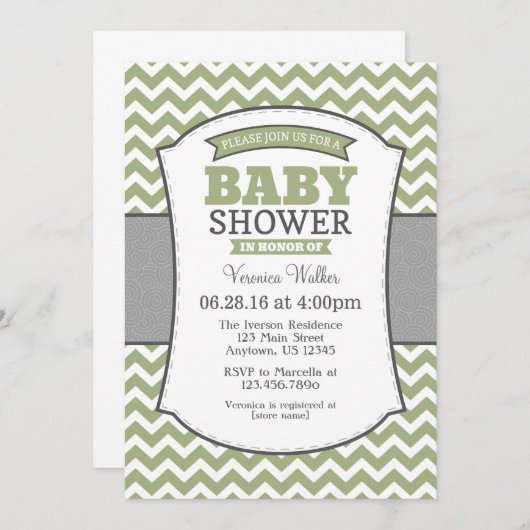 Sage Olive Gray Chevron Baby shower Kaart (Voorkant / Achterkant)