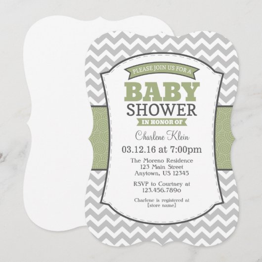 Sage Olive Gray Chevron Baby shower Kaart (Voorkant / Achterkant)