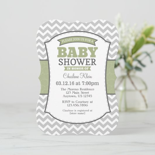 Sage Olive Gray Chevron Baby shower Kaart (Staand voorkant)