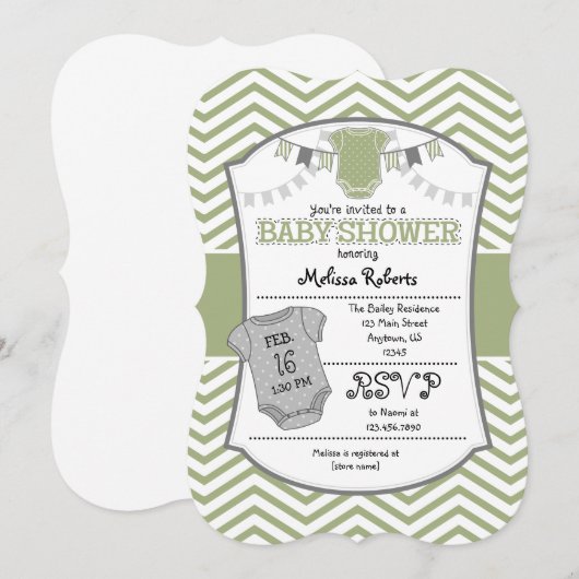 Sage Olive Gray Chevron Baby shower Uitnodiging (Voorkant / Achterkant)