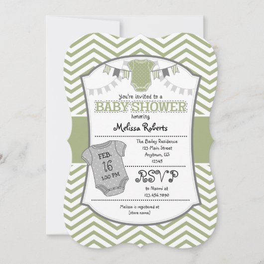 Sage Olive Gray Chevron Baby shower Uitnodiging (Voorkant)