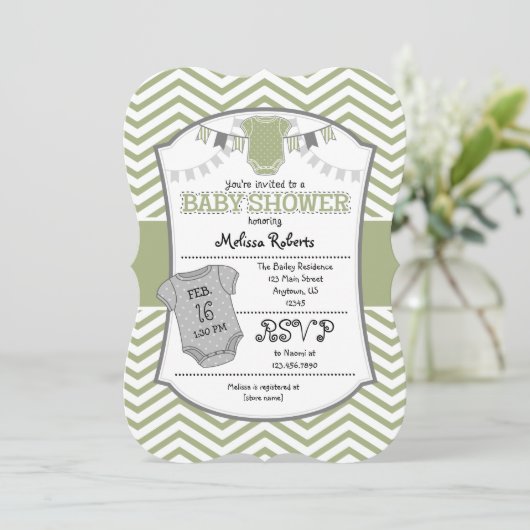Sage Olive Gray Chevron Baby shower Uitnodiging (Staand voorkant)
