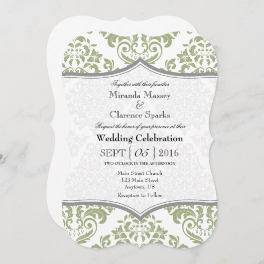 Sage Olive Gray Damask Bracket Wedding Invite Kaart (Voorkant / Achterkant)