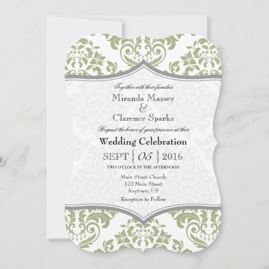 Sage Olive Gray Damask Bracket Wedding Invite Kaart (Voorkant)