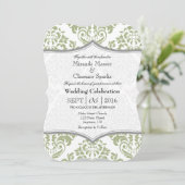 Sage Olive Gray Damask Bracket Wedding Invite Kaart (Staand voorkant)