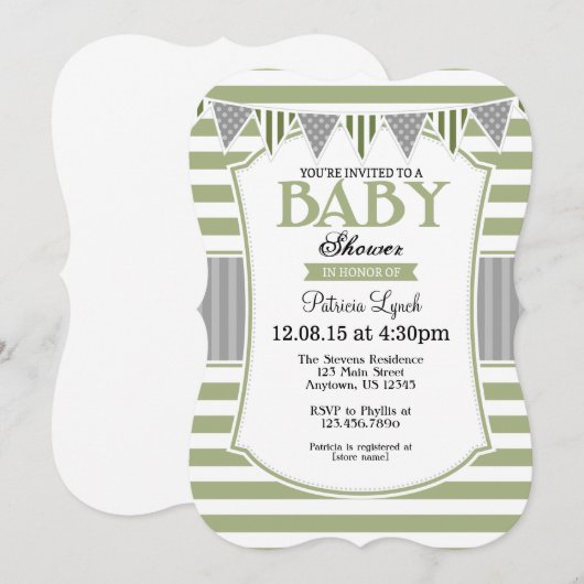 Sage Olive Gray Stripes Baby shower Kaart (Voorkant / Achterkant)