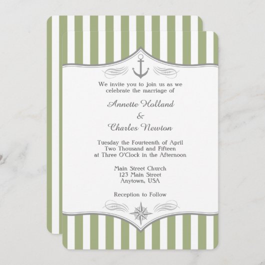 Sage Olive Green Grey Nautical Wedding Invitation Kaart (Voorkant / Achterkant)