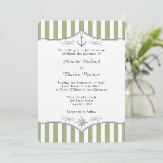 Sage Olive Green Grey Nautical Wedding Invitation Kaart (Staand voorkant)