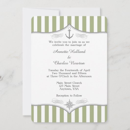 Sage Olive Green Grey Nautical Wedding Invitation Kaart (Voorkant)