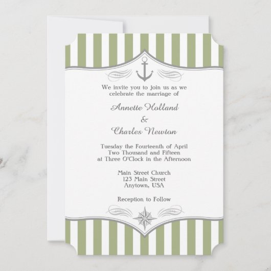 Sage Olive Green Grey Nautical Wedding Invitation Kaart (Voorkant)