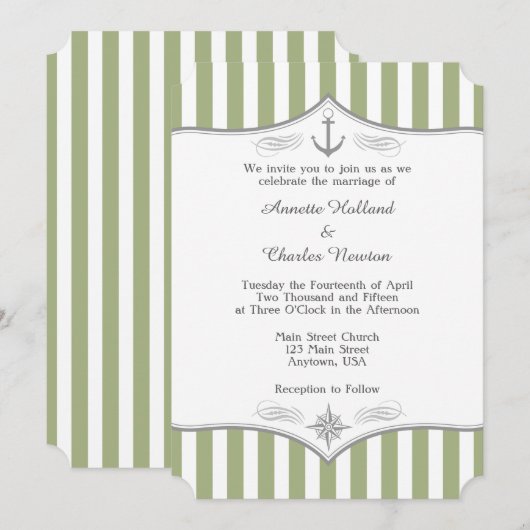 Sage Olive Green Grey Nautical Wedding Invitation Kaart (Voorkant / Achterkant)